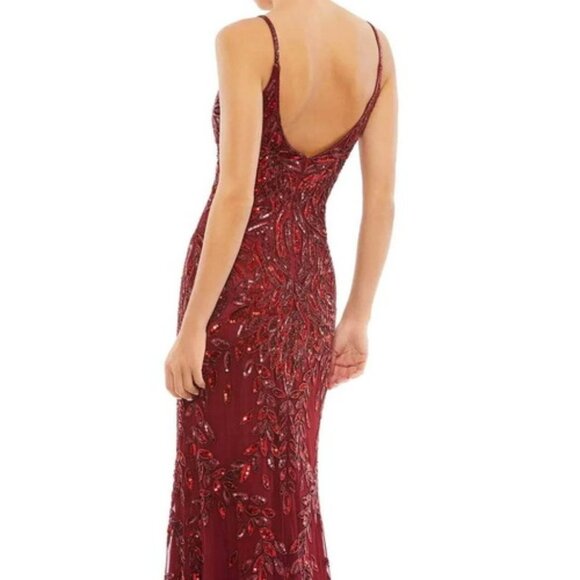 Mac Duggal Burgundy Red Beaded Sequin Leaf Mermaid Gown - Picture 2 of 4